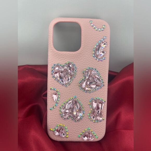 Pink Heart Crystal Embellished I-Phone 16 Pro Max Case - Picture 4 of 6